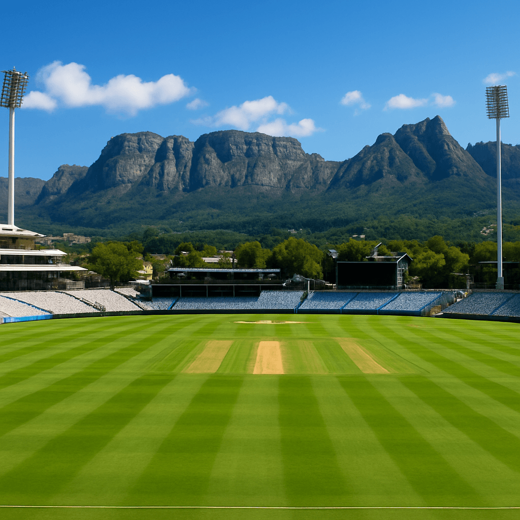 Newlands Cricket Ground in Cape Town, with Table Mountain and Devil's Peak behind